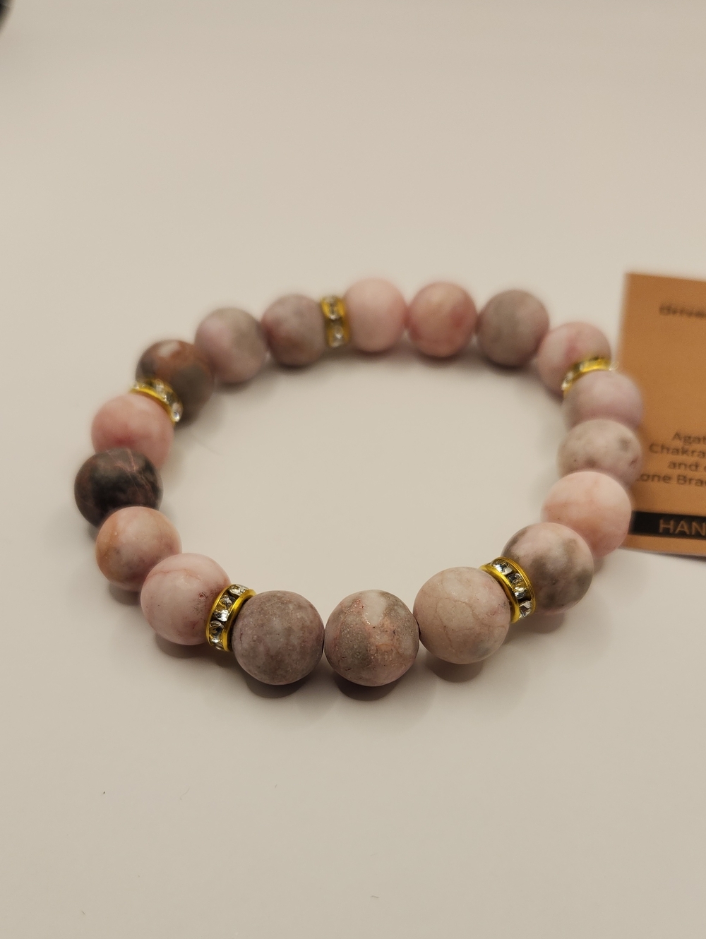 Elegant Pink and Gray Agate Beaded Stretch Bracelet with Gold Accents
